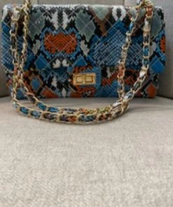 Social Butterfly Collection Blue Orange Snake Print Optional Strap Handbag