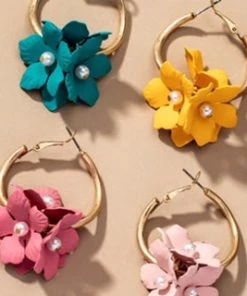Social Butterfly Collection New Arrivals Gold Hoops Teal Flowers And Pearls Earrings