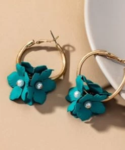 Social Butterfly Collection New Arrivals Gold Hoops Teal Flowers And Pearls Earrings