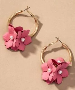 Social Butterfly Collection Gold Hoops Pink Flowers And Pearls Earrings