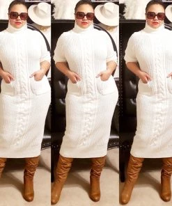 Social Butterfly Collection Off White Ribbed Knit Mid Length Sweater Dress