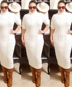 Social Butterfly Collection Off White Ribbed Knit Mid Length Sweater Dress