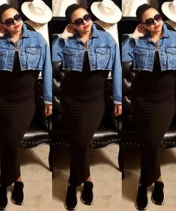 Social Butterfly Collection Distressed Denim Plus Size Cropped Jacket