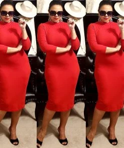 Social Butterfly Collection Plus Sizes Red Mock Neck Fitted Knee Length Dress
