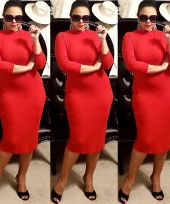 Social Butterfly Collection Plus Sizes Red Mock Neck Fitted Knee Length Dress