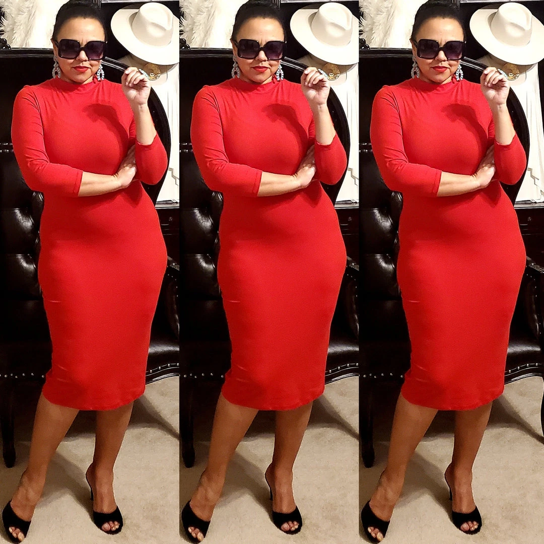 Social Butterfly Collection Plus Sizes Red Mock Neck Fitted Knee Length Dress 3 Social Butterfly Collection Plus Sizes Red Mock Neck Fitted Knee Length Dress