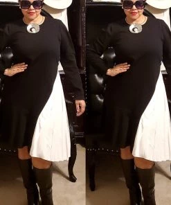 Social Butterfly Collection Black White Color Block Side Pleats Dress Sale