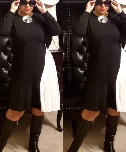 Social Butterfly Collection Black White Color Block Side Pleats Dress Sale