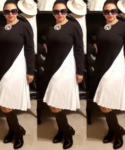 Social Butterfly Collection Black White Color Block Side Pleats Dress Sale