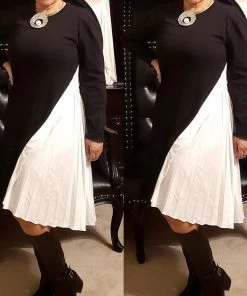 Social Butterfly Collection Black White Color Block Side Pleats Dress Sale