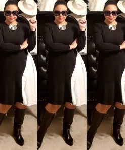 Social Butterfly Collection Black White Color Block Side Pleats Dress Sale