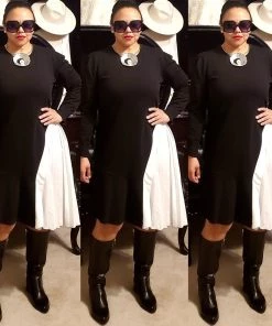 Social Butterfly Collection Black White Color Block Side Pleats Dress Sale