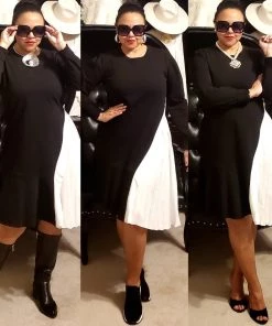 Social Butterfly Collection Black White Color Block Side Pleats Dress Sale