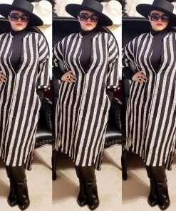 Social Butterfly Collection Black Ivory Striped Print Button Down High Low Dress Top