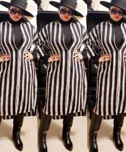 Social Butterfly Collection Black Ivory Striped Print Button Down High Low Dress Top