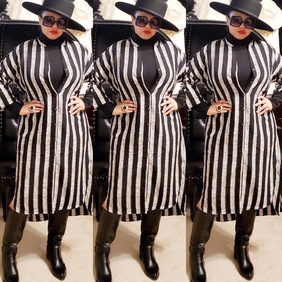 Social Butterfly Collection Black Ivory Striped Print Button Down High Low Dress Top 4 Social Butterfly Collection Black Ivory Striped Print Button Down High Low Dress Top