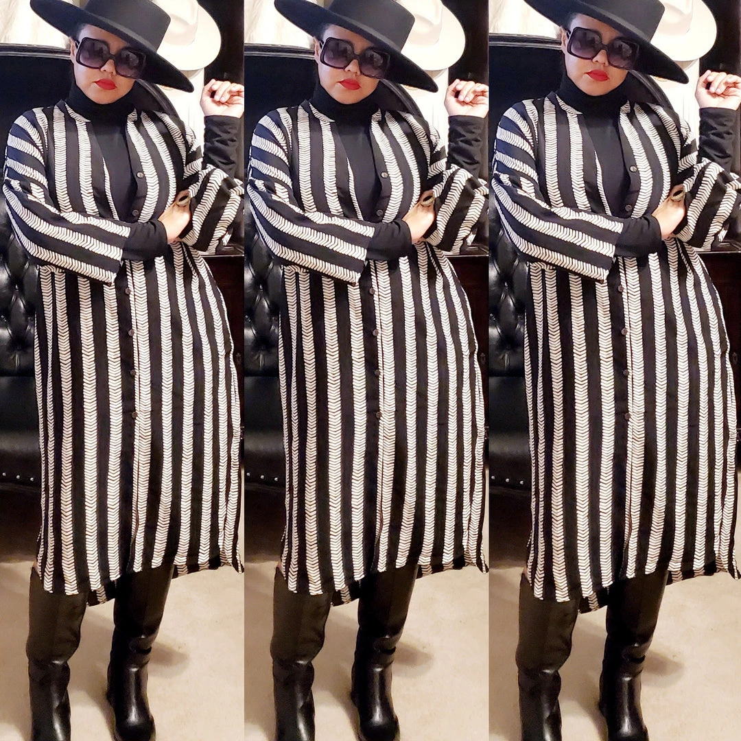 Social Butterfly Collection Black Ivory Striped Print Button Down High Low Dress Top 6 Social Butterfly Collection Black Ivory Striped Print Button Down High Low Dress Top