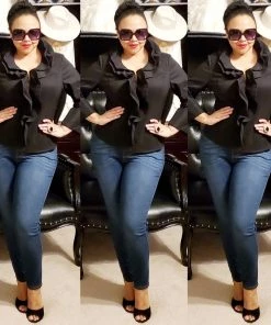 Social Butterfly Collection Sale Fancy Black Ruffle Neckline Top