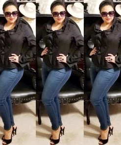 Social Butterfly Collection Sale Fancy Black Ruffle Neckline Top