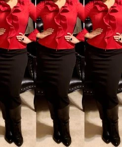 Social Butterfly Collection Ruby Red Ruffle Neckline Top