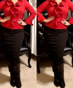 Social Butterfly Collection Ruby Red Ruffle Neckline Top