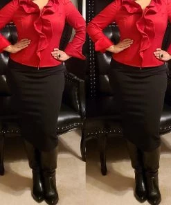 Social Butterfly Collection Ruby Red Ruffle Neckline Top