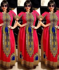 Social Butterfly Collection Pink African Dashiki Print Short Sleeve Maxi Dress New Arrivals