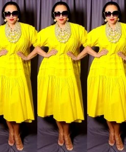 Social Butterfly Collection New Arrivals Yellow Plus Size Boho Style Below The Knee Dress