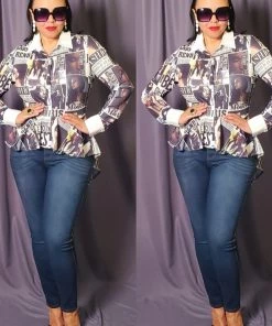 Social Butterfly Collection New Arrivals High Fashion Faces Button Down High Low Top