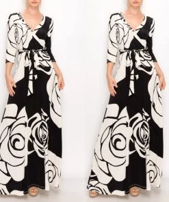 Social Butterfly Collection New Arrivals Black Ivory Print Faux Wrap Maxi Dress