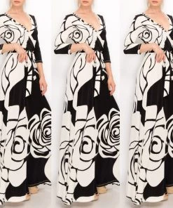 Social Butterfly Collection New Arrivals Black Ivory Print Faux Wrap Maxi Dress