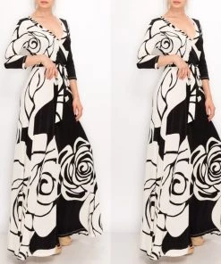 Social Butterfly Collection New Arrivals Black Ivory Print Faux Wrap Maxi Dress