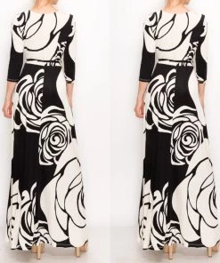 Social Butterfly Collection New Arrivals Black Ivory Print Faux Wrap Maxi Dress