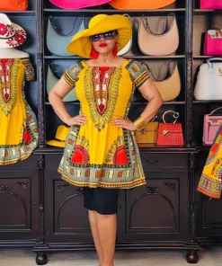 Social Butterfly Collection Yellow Red Dashiki Print Dress Top New Arrivals