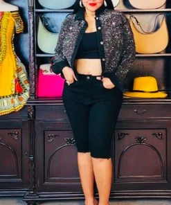 Social Butterfly Collection Black Denim Or Blue Denim Knee Length Shorts New Arrivals