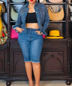 Social Butterfly Collection Black Denim Or Blue Denim Knee Length Shorts New Arrivals