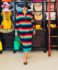 Social Butterfly Collection Stripe Multi Color Long Shirt Dress New Arrivals