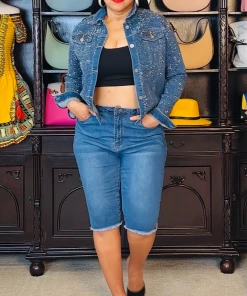 Social Butterfly Collection Black Denim Or Blue Denim Knee Length Shorts New Arrivals