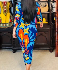 Social Butterfly Collection New Arrivals Blue Multi Abstract Print Button Down Dress