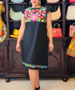 Social Butterfly Collection Black Multi Color Flower Embroidered Dress New Arrivals