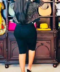 Social Butterfly Collection Black Denim Or Blue Denim Knee Length Shorts New Arrivals