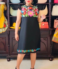 Social Butterfly Collection Black Multi Color Flower Embroidered Dress New Arrivals