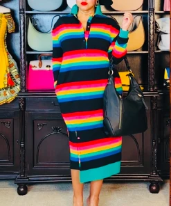 Social Butterfly Collection Multi Color Striped Long Shirt Dress