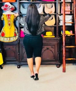 Social Butterfly Collection Black Denim Or Blue Denim Knee Length Shorts New Arrivals