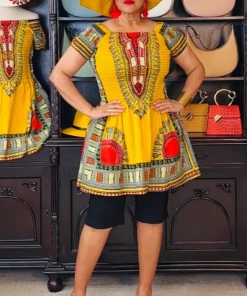 Social Butterfly Collection Yellow Red Dashiki Print Dress Top New Arrivals