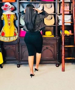 Social Butterfly Collection Black Denim Or Blue Denim Knee Length Shorts New Arrivals